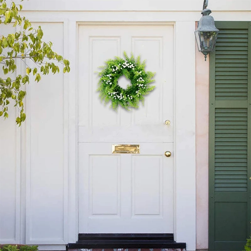 

Summer Wreath for front Door - Greenery Gypsophila Wreath 14.1 inch Spring Door Wreath Artificial Green Leaves Farmhouse Wreaths