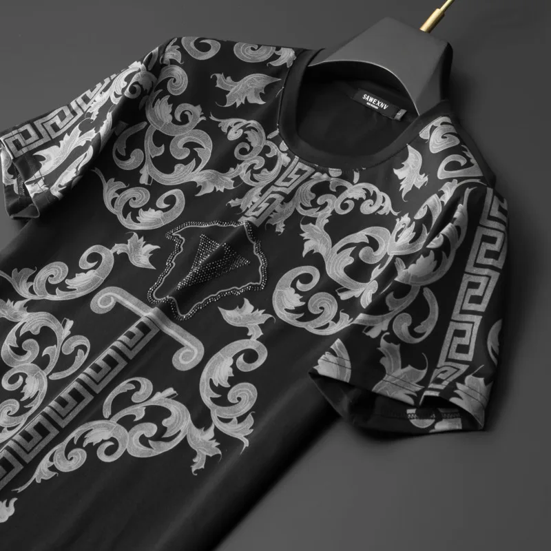 

2021 new hot drill short sleeve T-shirt suit leisure sports men's printing summer trend handsome with two piece set