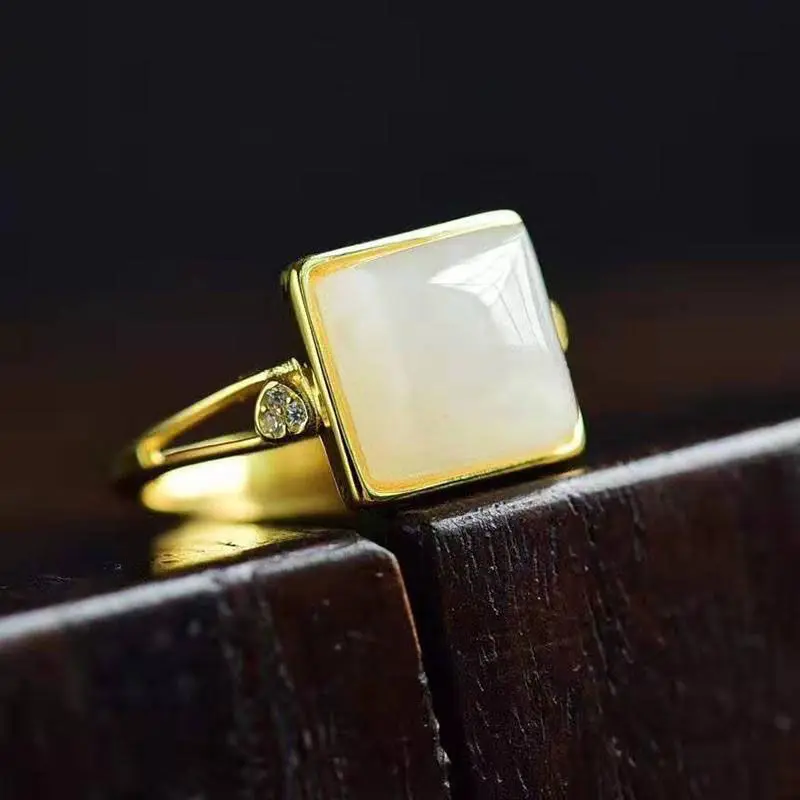 

Natural Hetian Jade White Jade Fashion Personality Small Square Jade Ring Retro Simple Opening Adjustable S925 Sterling Silver R