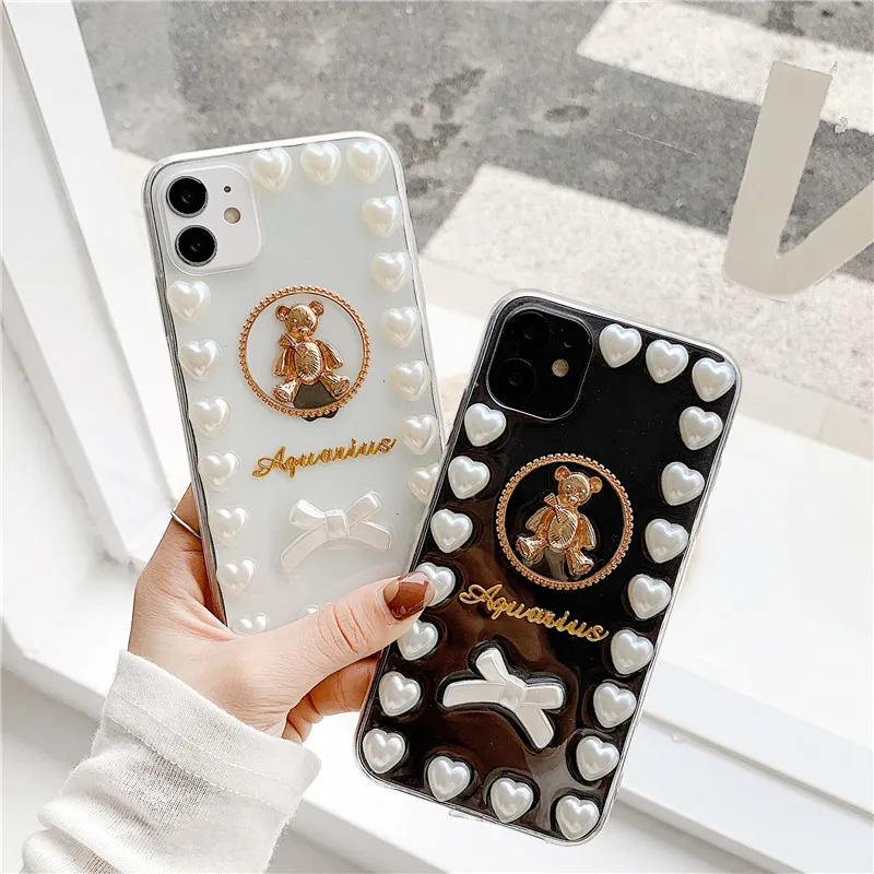 

Korea Cute Cartoon Metal Bear Love Heart Pearl Bow Transparent Phone Case for Iphone X XR XS 11 12 Pro MAX 7 8 Plus Cover Funda