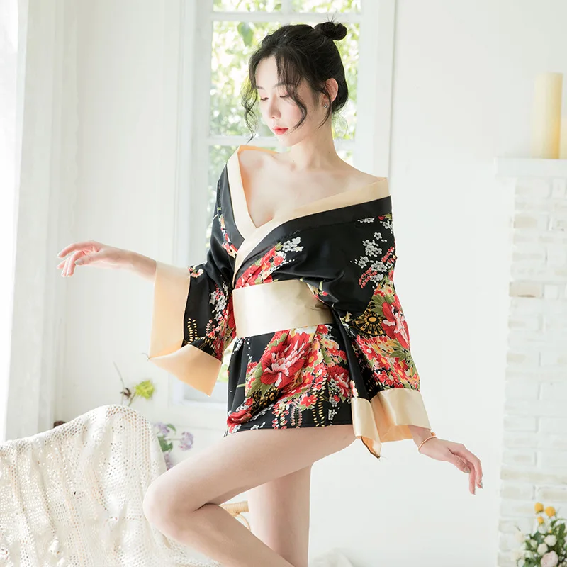 Платье-кимоно женское в японском стиле пикантный кардиган с цветочным принтом