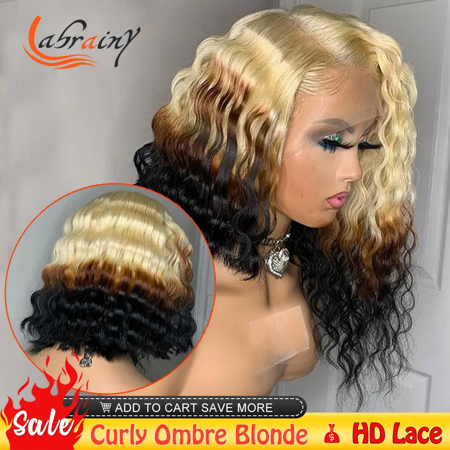 

Deep Wave Blonde Hd Transaprent Lace Frontal Human Hair Wigs Kinky Curly Pre Plucked Full Ombre 1B 613 Colored Pixie Bob Women