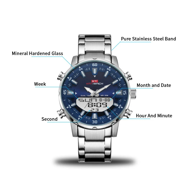 KT New Mens Watches with Stainless Steel Dual Display Waterproof 3D Dial Analog Digital Chronograph Male Sport Style KT1815