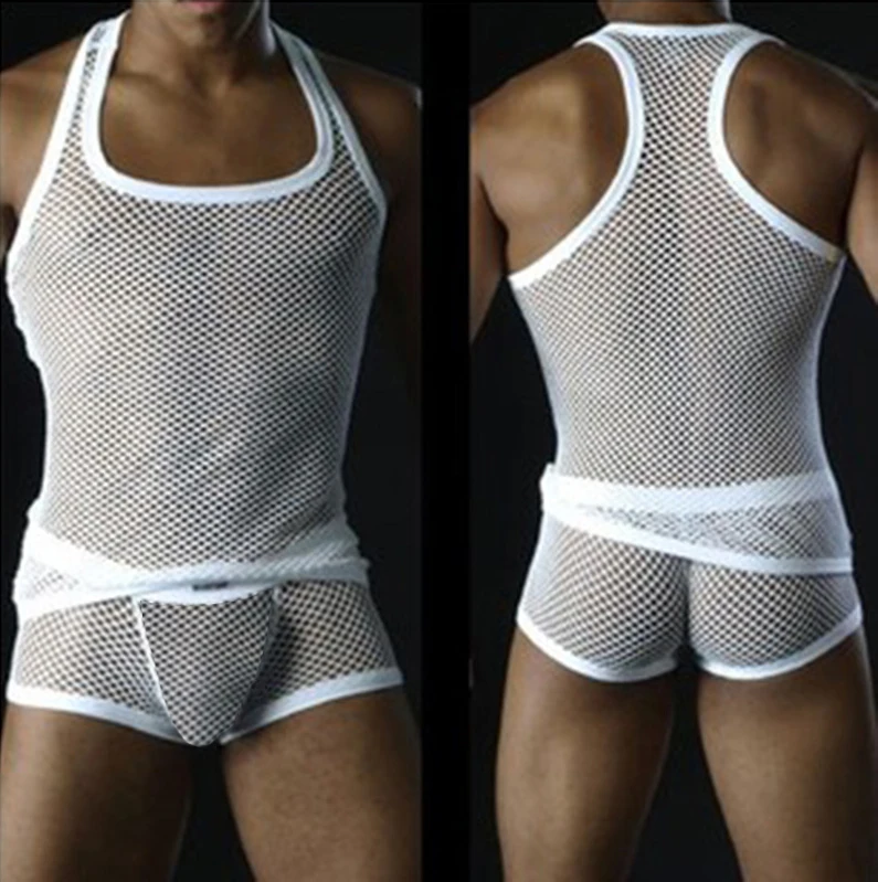 Комплект мужского нижнего белья прозрачная дышащая сетчатая майка боксеры шорты
