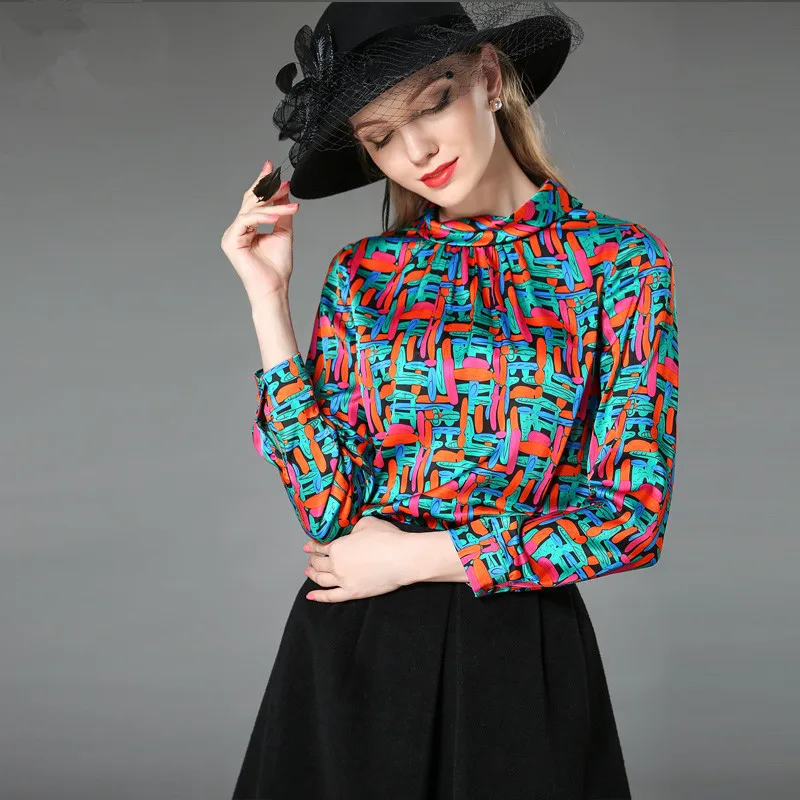 2020 Women's Fashion Blouses Spring Autumn 92% Silk Blouse Long Sleeve Shirt Printing Women Tops blusa feminina CYO100