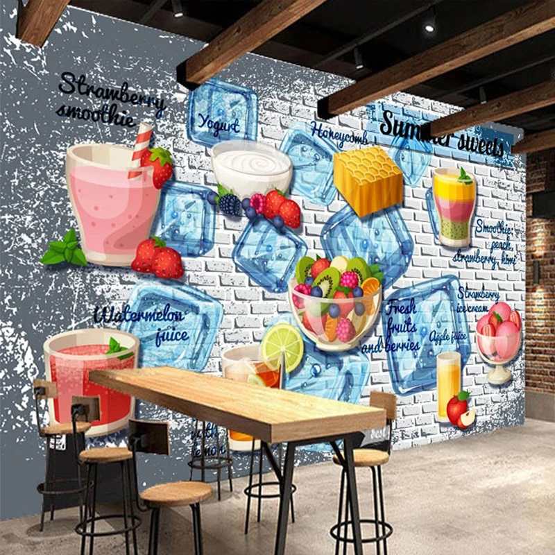Custom Any Size Mural Wallpaper 3D Cold Drink Shop Milk Tea Fruit Juice Brick Wall Background Papel De Parede Home Décor Tapety
