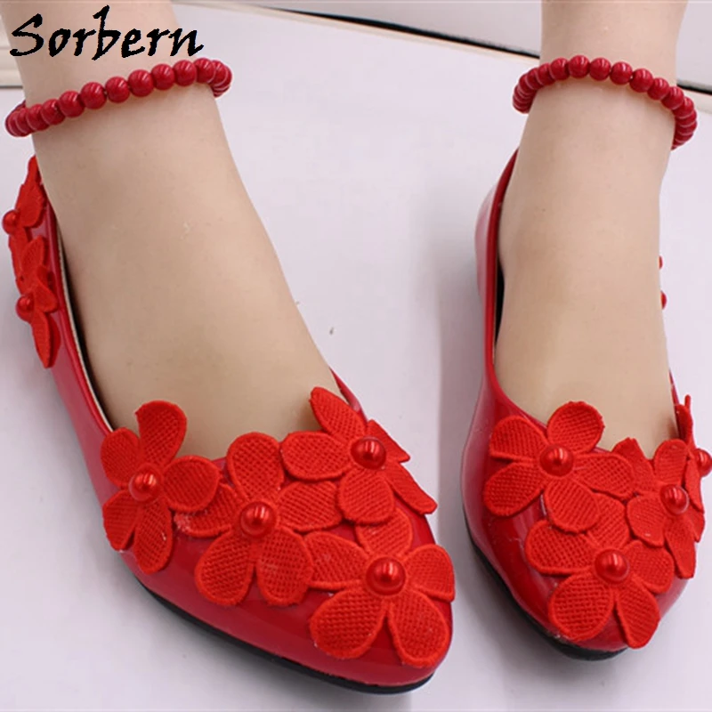 

Sorbern/свадебные туфли на Плоском Каблуке, украшенные красными цветами и бусинами, с ремешком на щиколотке; удобные туфли подружки невесты для...