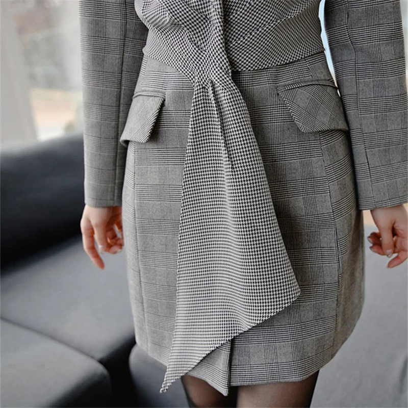 

Autumn Winter Office Lady Slim Mini A-Line Dress Korean Style Notched Collar Long Sleeve Dress 2020 New Lady OL Plaid Work Dress