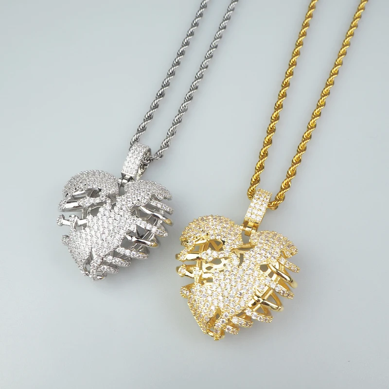 Золото и серебро двухцветное трехмерное разбитое сердце форма Хао камень кулон