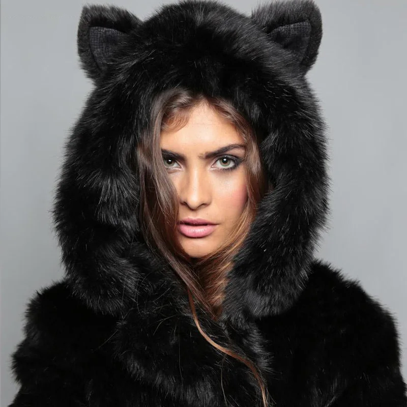 Faux Fur Hooded Women's Coats Black Cute Panda Ear Warm Thicken Hoody Jackets Winter Long Sleeves Lady Elegant Short Overcoat