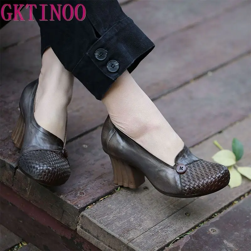 GKTINOO Genuine Leather Women Pumps 2020 Spring Set Foot Lazy Shoes 6CM High Heels Gray Retro Handmade Brand | Обувь