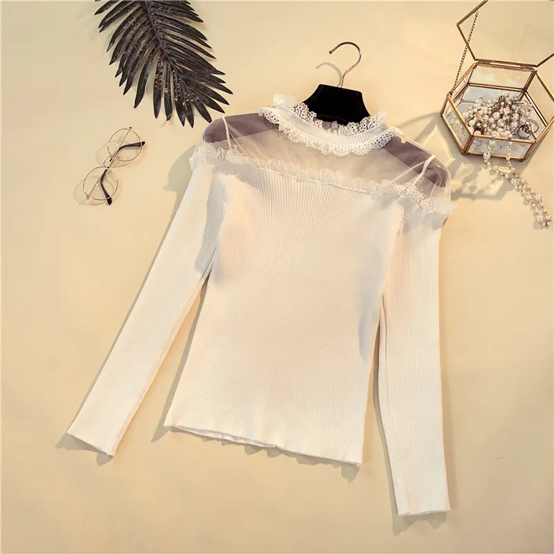 Woherb перспективный газовый кружевной свитер женские эластичные водолазки