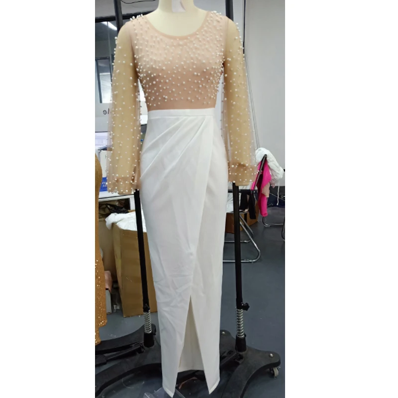 

Women Elegant Mesh Patchwork Slit Dress Long Party Dress Beaded Embellished Maxi Dress