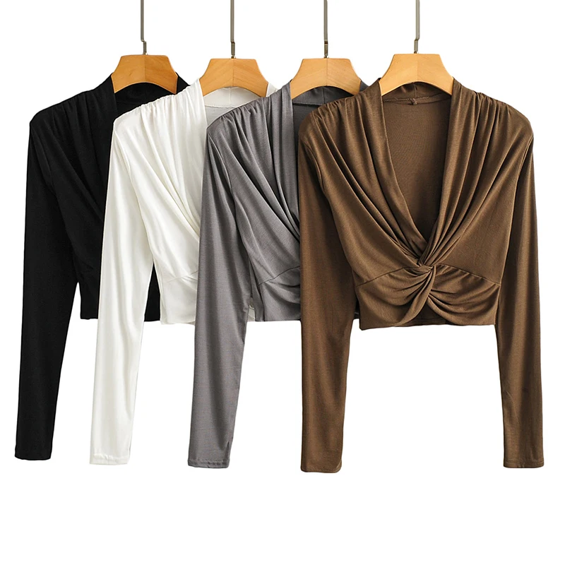 

Women Ruched Cross V-neck Blouses Sexy Long Sleeve Elastic Slim Cropped Tops 2021 Solid Color Shirts