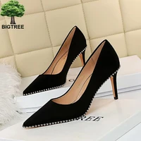 bigtree women shoes high heels sandals pointed toe pumps party stilettos wedding shoes rivet suede lady shoes