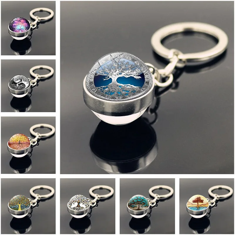 Брелок с надписью Древо жизни кольцо двухсторонним стеклянным кулоном 16 цветов