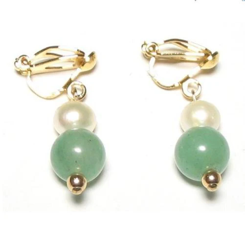 

New Favorite Pearl Store Genuine White Real Pearl Green Jade 18K YGP Clip On Earring Wedding Party Perfect Lady Gift