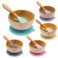 baby feeding bowl set baby dinner plate bpa free wooden kids feeding dinnerware with silicone suction cup wooden fork spoon set
