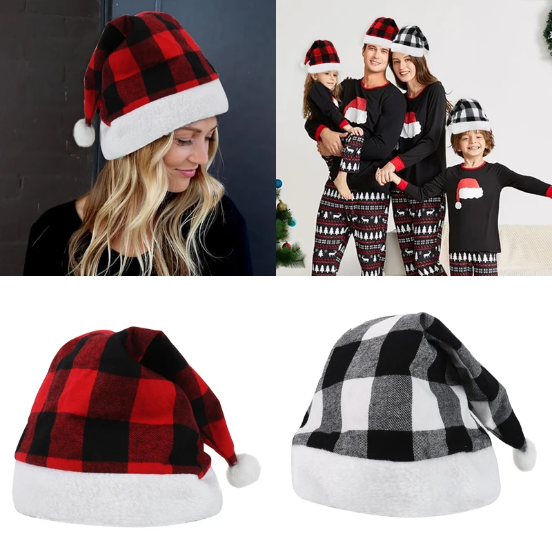 

1pcs Christmas Hat Red Black Plaid cotton hats Merry Christmas Decorations For Home gift new year Ornament natal gifts .