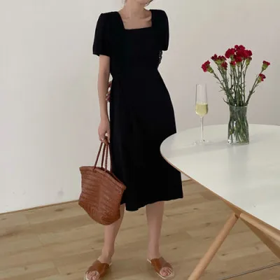 

French Square Collar Elegant Party Dress Women Short Sleeve High Waist Long Dress Lace Patchwork Summer Dress Casual 2021