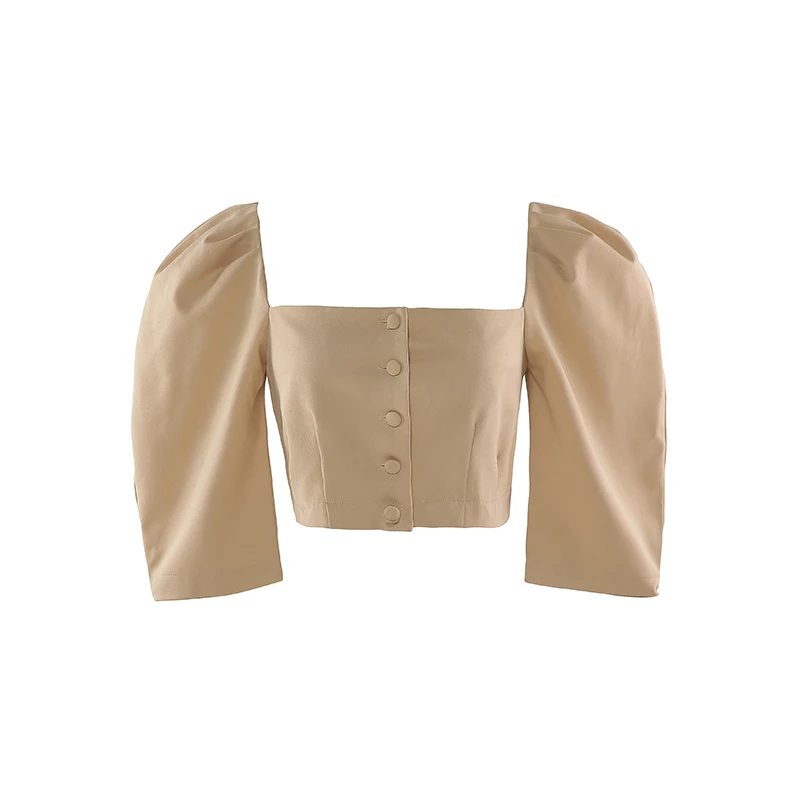 

2021 Spring French Careful Machine Khaki Shirt Female Design Short Square Neck Puff Sleeve Shirt Top