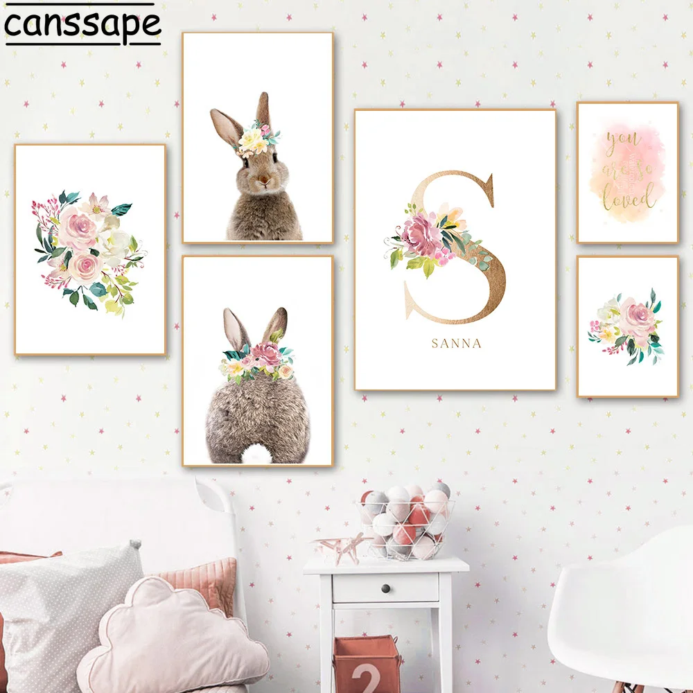 

Custom Name Wall Art Painting Rabbit Tail Canvas Poster Baby Bunny Print Flower Posters Nursery Wall Pictures Girl Bedroom Decor