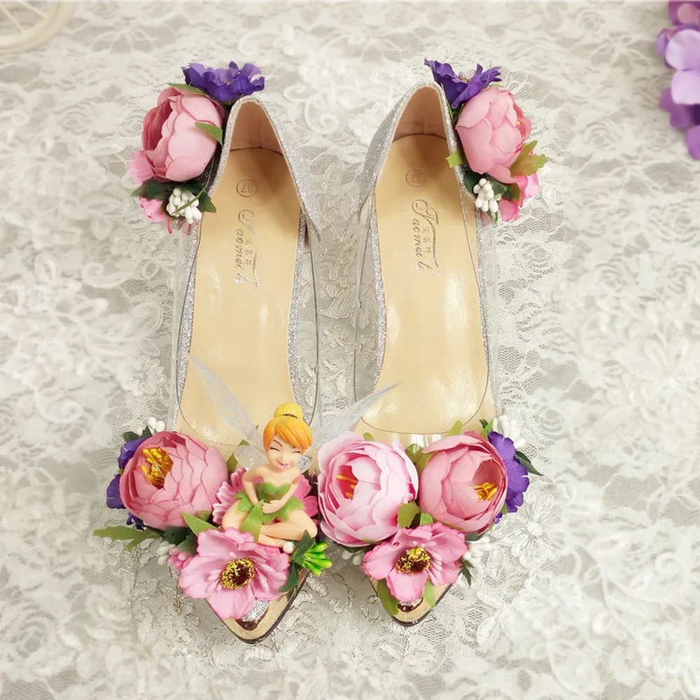 

Hot Sale Womens Pointed Toe Fairy Clear Transparent 3D Flowers Spirit Stilettos High Heel Shoes Princess Pumps Wedding Bridal