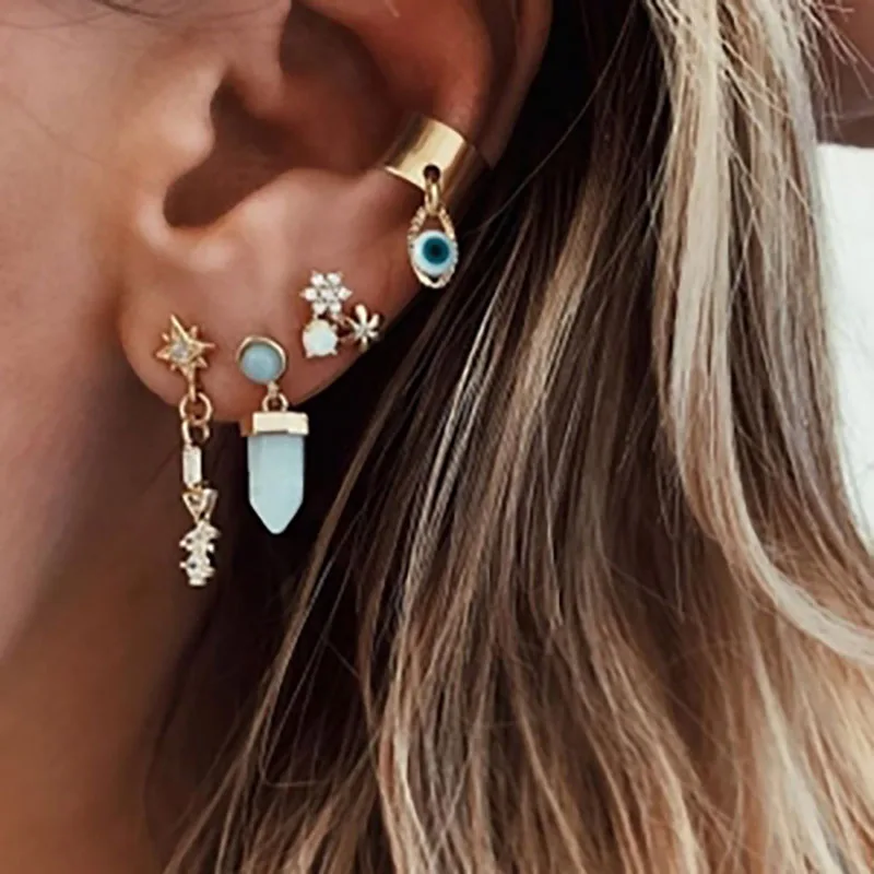Винтажный звезды с клипсами Дурной глаз и гвоздики Комплект сережек для женщин