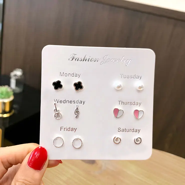 

Women Heart Star Mini Earrings Set Fashion Girl Small Jewelry Square Leaf Pearl 6-pairs Stud Earring Sets Lady Mini Jewelry Gift