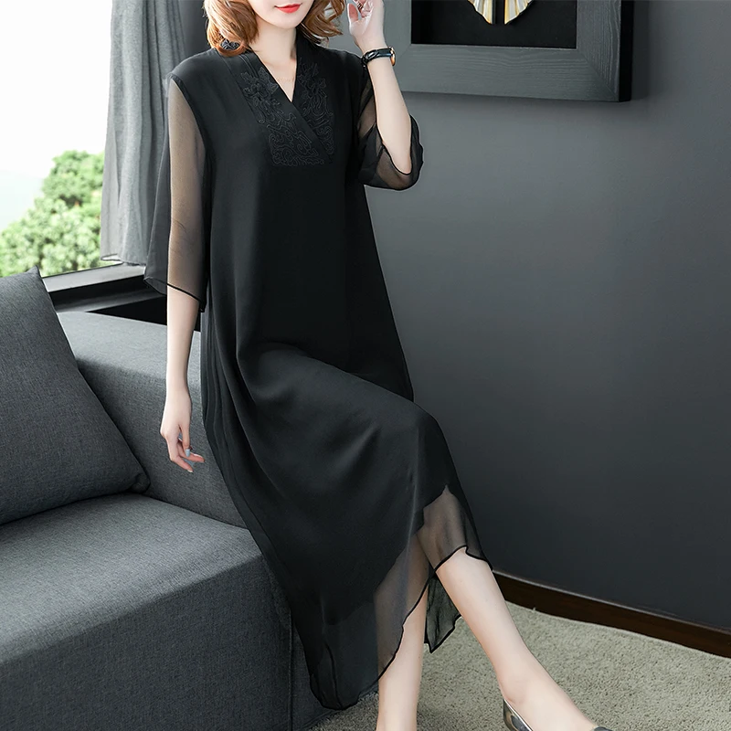 Черное шелковое платье Женский 2020 Сезон весна-осень Новинка Женские туфли