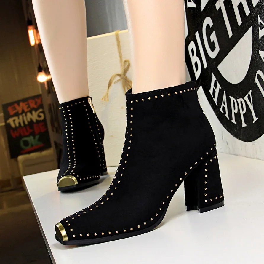 2019 Top Suede metal square head rivet Trendy Ankle Boots Women Shoes Woman High Heels Female Fashion Booties Sizes 34-40 | Обувь