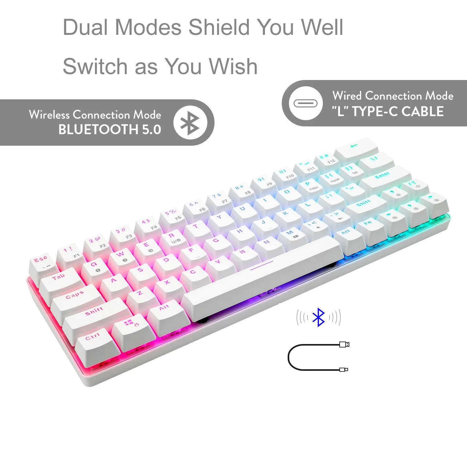Механическая клавиатура 60% проводная Bluetooth с двумя режимами 63 клавиши RGB
