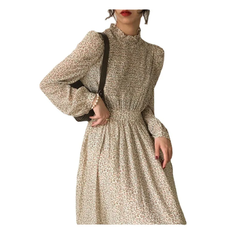 

Vintage Stand Collar Ruched Sleeve A-line Dress Women Floral Print Elastic Waist Female Dress Spring Vestidos femme 2021