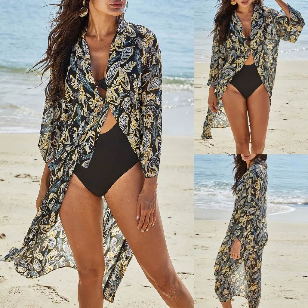 

Hot Summer Women Floral Leaf Kimono Swim Cover-Ups Female Beach Boho Cardigan Bathing Tops Beach Bikini Cover Up Outfits