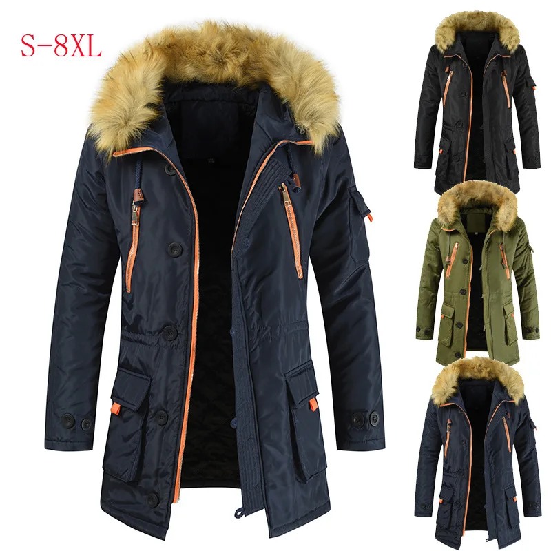 

Lugentolo Man Winter Jacket Fur Collar Hooded Mid-length Parkas Zipper Pockets Long Coat for Men