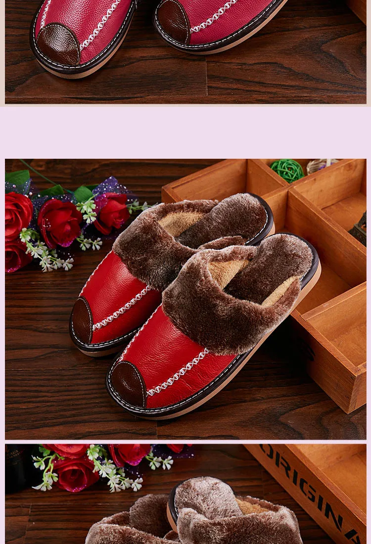 Модные теплые тапочки из воловьей кожи с натуральным мехом; женская домашняя обувь; зимние тапочки из натуральной кожи; женская домашняя обувь; Новинка