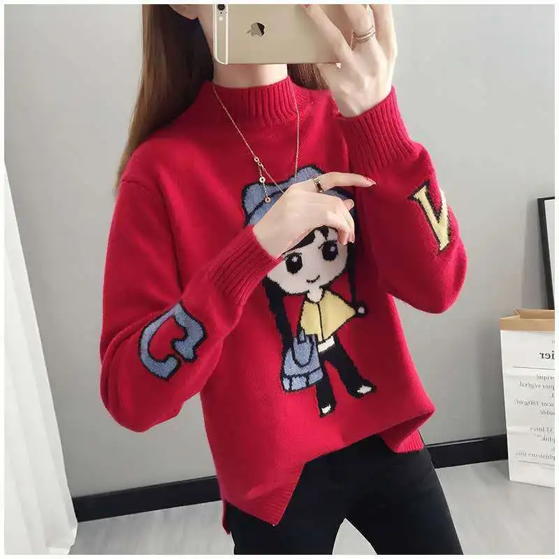 

Женский вязаный свитер Y2K, осенне-зимний Свободный пуловер с высоким воротником и бархатной подкладкой для студентов, 2021