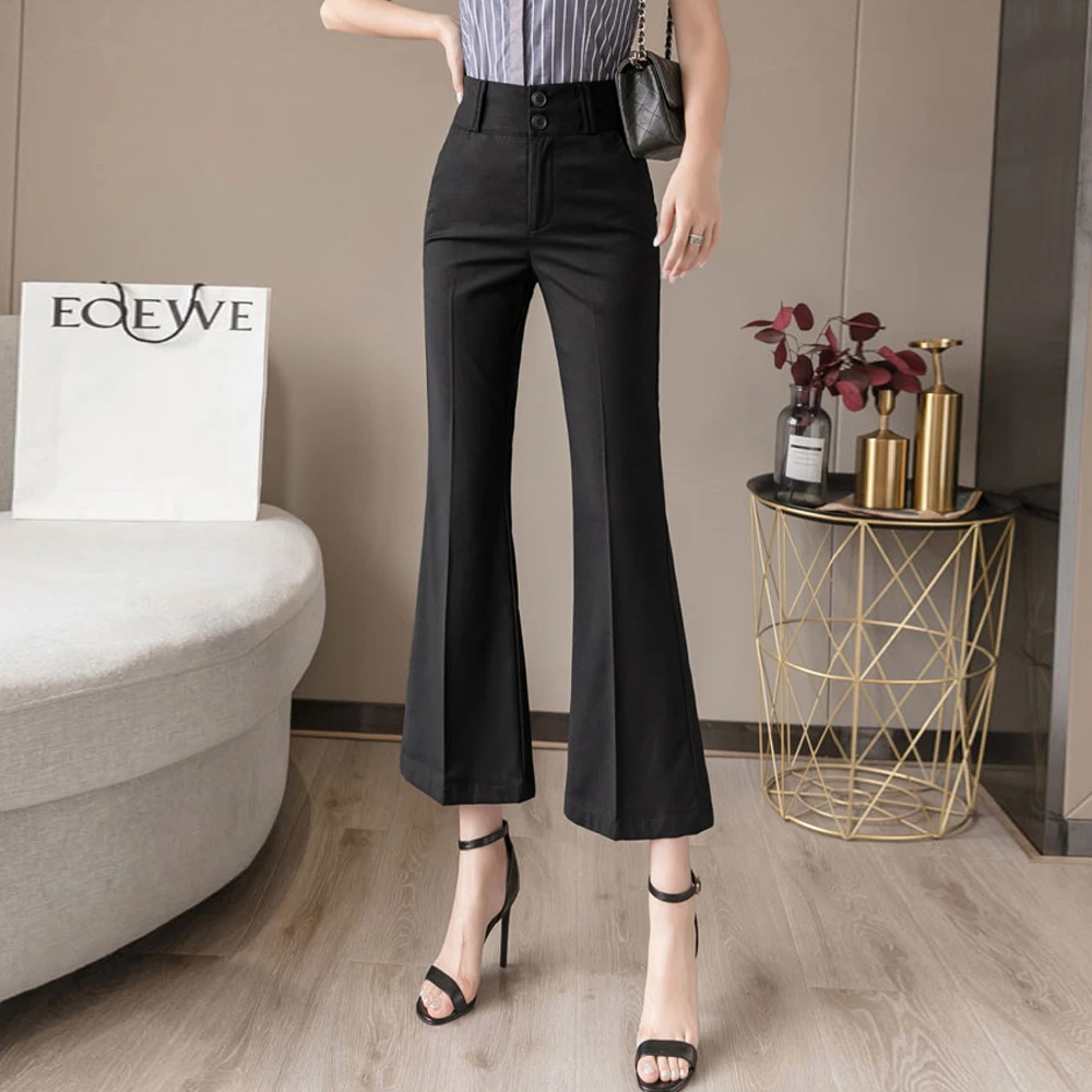 New Summer Fashion Women Office Pants Ankle Length High Waist Flare Pants Vintage Ladies Streetwear Black Gray Casual Pants images - 6