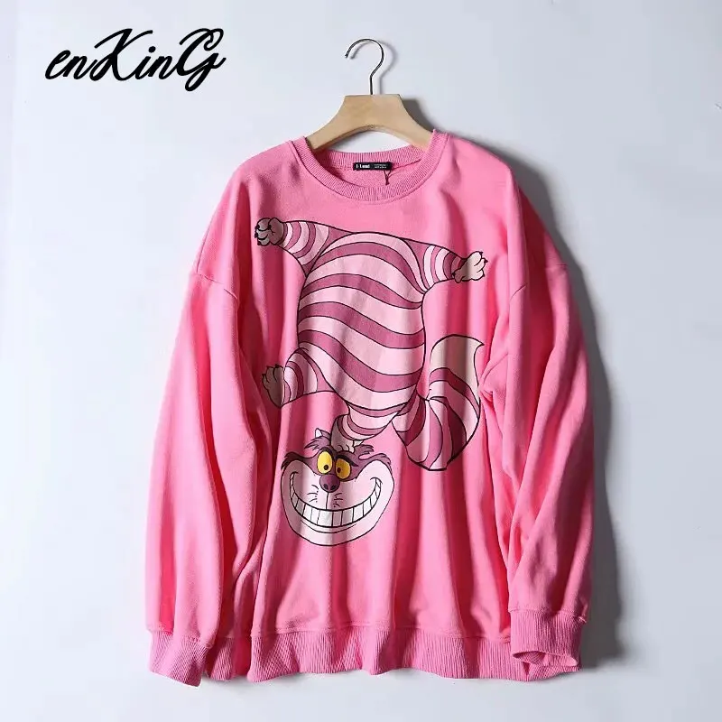 Black Pink Cartoon Lion King Print Women Hoodie Long Sleeve O Neck Ladies Za Sweatshirt Casual Womens Hoodies Pullover - Цвет: PINK