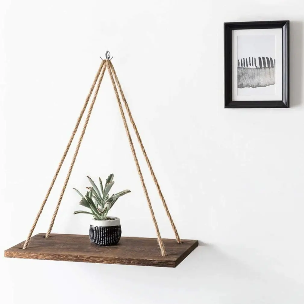 

Wooden Rope Swing Wall Hanging Plant Flower Pot Tray Mounted Floating Wall Shelves Nordic Home Decoration Moredn Simple Design