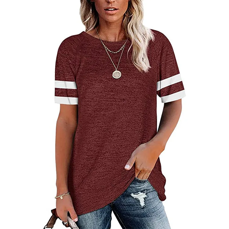 

2021 new summer white T-shirt women's loose stripe round neck Casual Short Sleeve Blouse