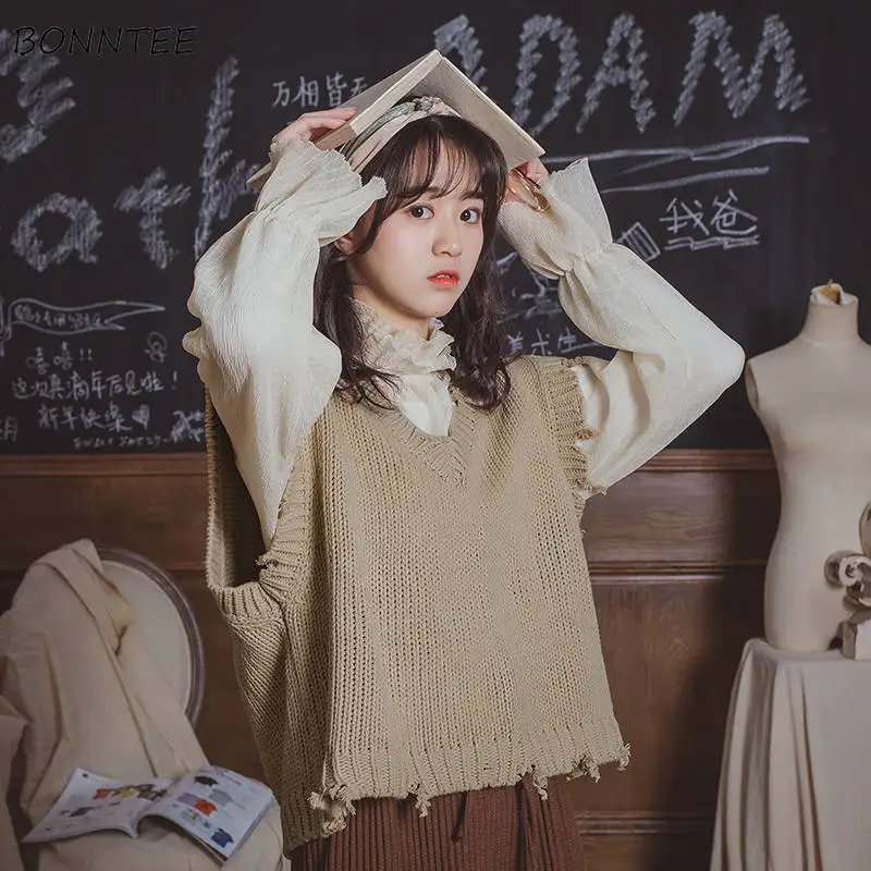 

Женский вязаный жилет без рукавов, винтажный Свободный жилет в японском стиле с v-образным вырезом, Повседневная Уличная одежда в стиле Хара...