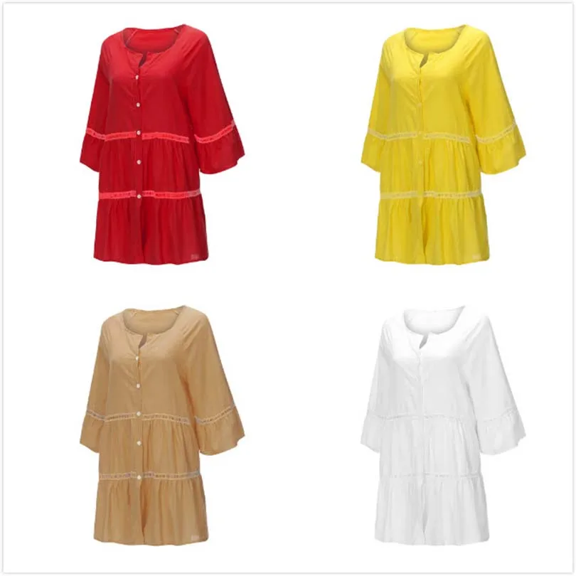 Woman Summer 3/4 Sleeve Oversized Cotton Line Blouse Shirt  Female Casual V-Neck Hollow Out Loose Women Clothing Tops Shirt