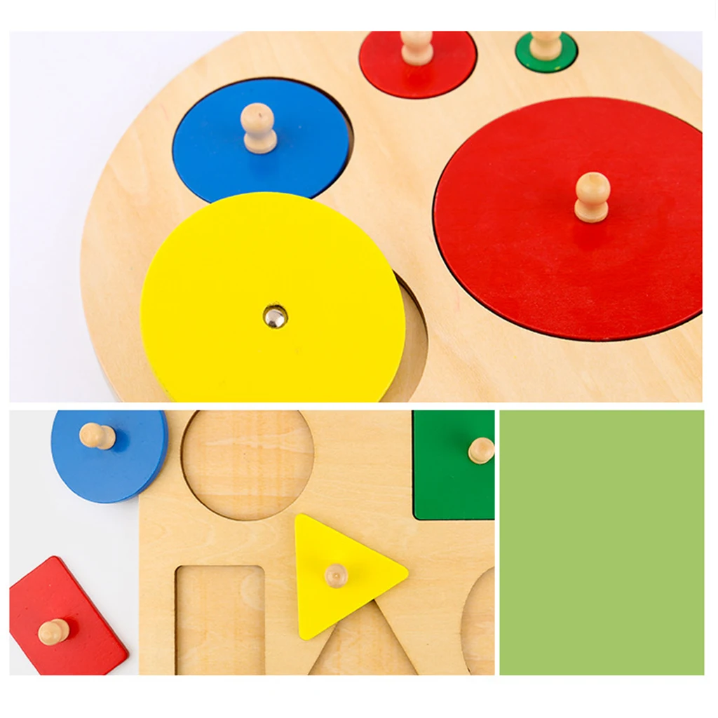 

Kids Wooden Montessori Geometry Blocks Inserting Round Board Toys B-day Gift