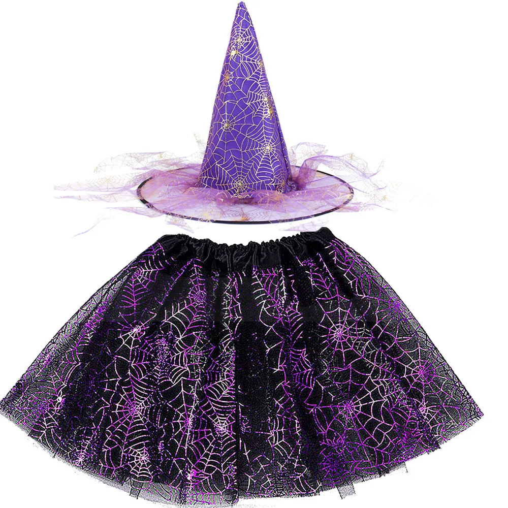 

Girl Children Witch Costumes Black Gold Spider Web Hat Costume for Kids Fancy Dress Party Clothes Cosplay Halloween