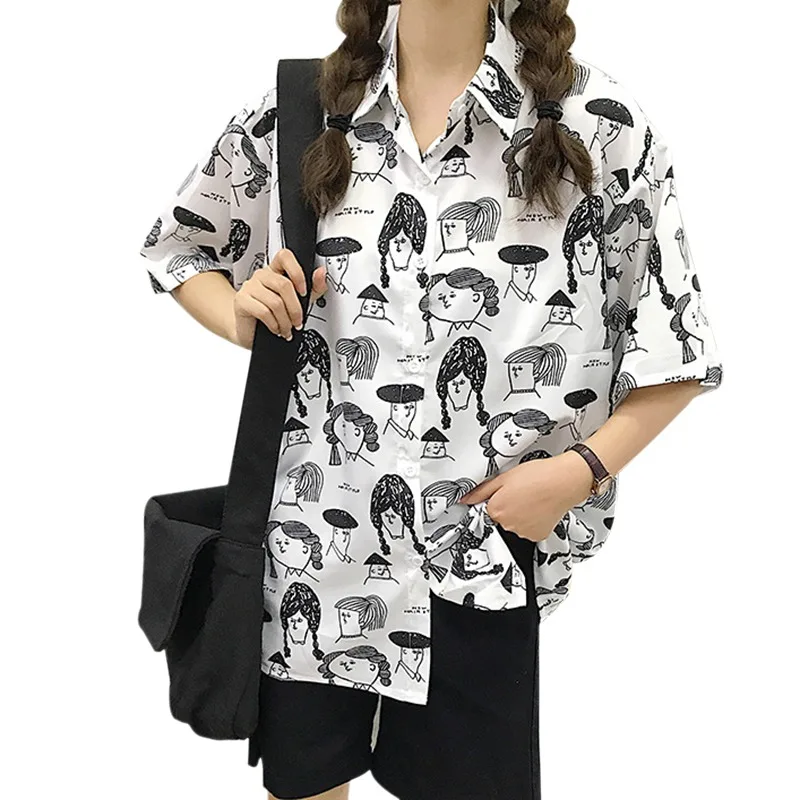 

Retro Style cotton and linen Strange Girl Print Loose Half-sleeved Shirt Cartoon Print Shirt