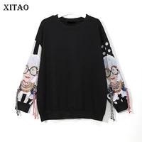 xitao black long sleeve sweatshirts women patchwork print tassel pullover harajuku hoodie pullover women clothes new xww2734