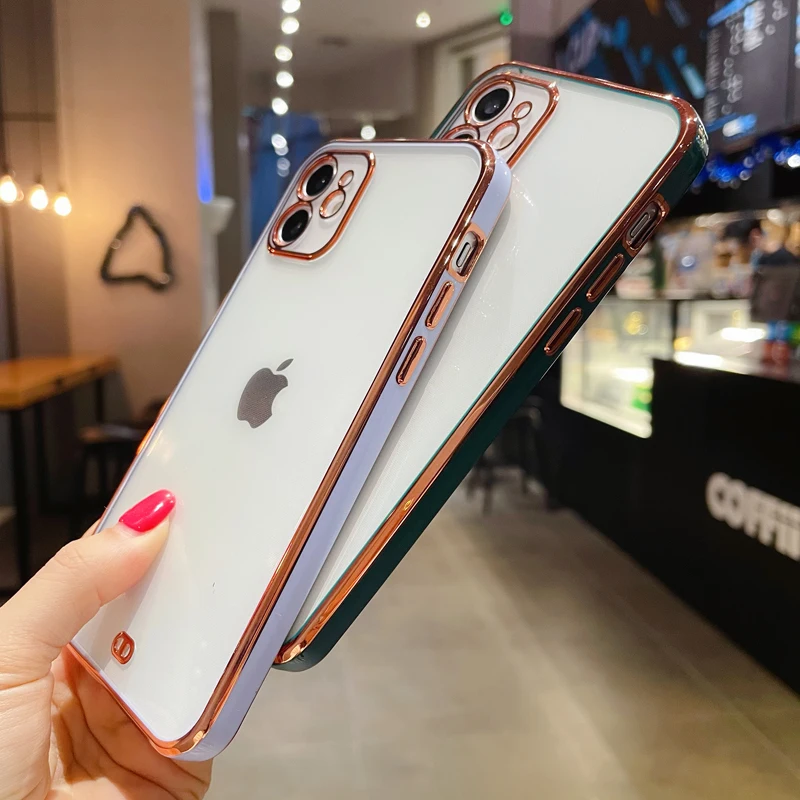 Luxury Plating Clear Soft TPU Frame Case For iPhone 12 11 13 Pro Max Mini X XR XS 7 8 Plus SE 2020 Shockproof Transparent Cover