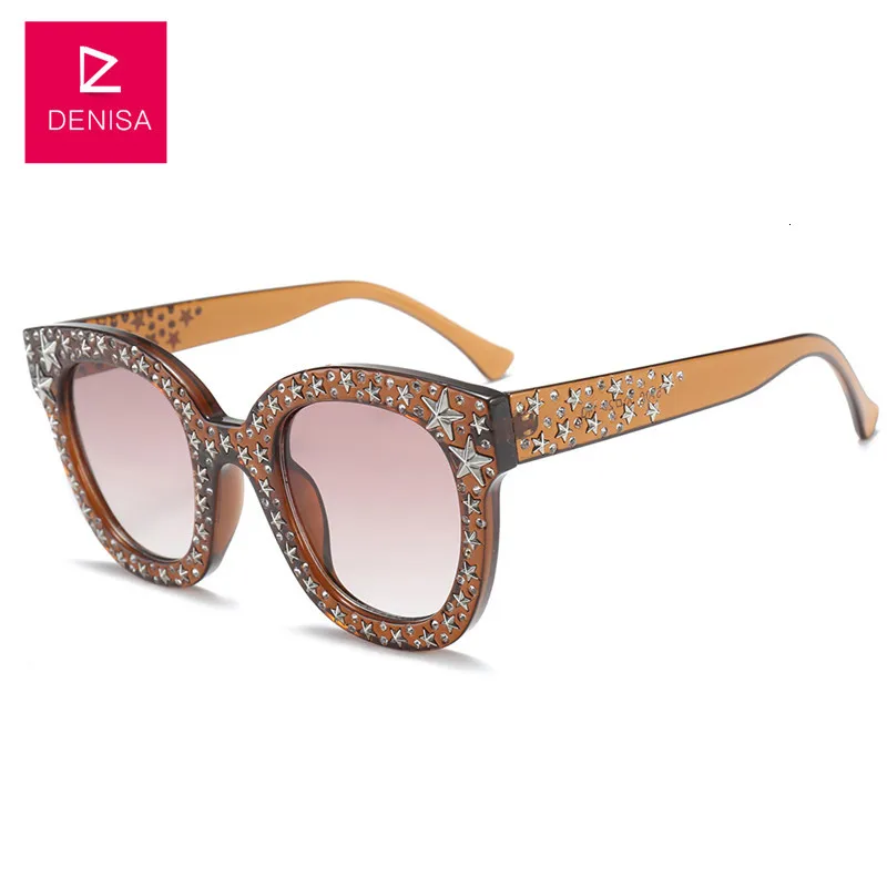 Brown Brown DENISA Star шипованные кошачий глаз солнцезащитные очки женские модные черные солнцезащитные очки с серебряными звездами женские солнцезащитные очки Роскошные очки G5700 - Цвет линз: Brown Brown
