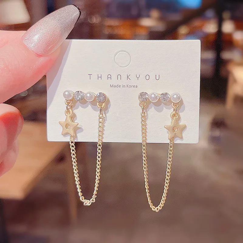

Vintage Pearl Star Tassel Clip Earrings For Women Long Rhinestone Stars Earrings Korean Fashion Birthday Praty Gift Jewelrys
